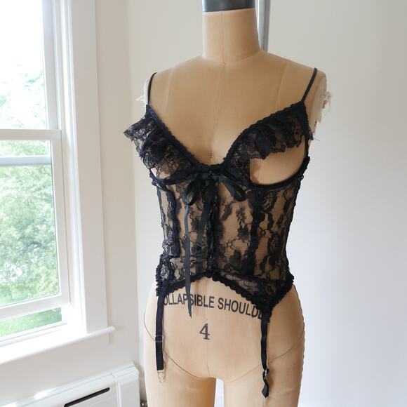 Vintage Corset Basque Black Lace open bust 80s vintage lingerie by Escante M - Picture 2 of 7